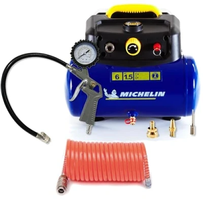 Abbildung von Michelin MBL6 tragbarer Luftkompressor, 6 Liter ölfreier Luftkompressor + Kit (inkl. Aufblaspistole, Spiralschlauch und 3 Düsen)