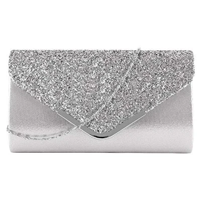 Abbildung von MEGAUK Damen Clutch Glitzer Elegant Abendtasche Glänzend Handtasche Envelope Tasche Strass Unterarmtasche mit Kette für Hochzeit Wedding Prom Party (Mode Silber)