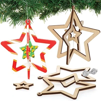 Abbildung von Baker Ross FE785 Weihnachtbaum Sterne Dekoration Bastelsets aus Holz 4er Pack, Basteln mit für Kinder, Weihnachts Holzbastelset, Kindern an Weihnachten