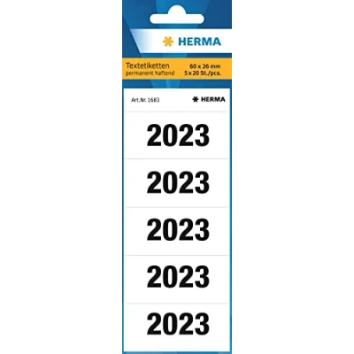 Abbildung von HERMA 1683 Jahreszahlen Aufkleber 2023 für Ordner, 100 Stück, 60 x 26 mm, 5 pro Bogen, selbstklebend, blickdichte Textetiketten, matt, Papier Klebeetiketten Aufkleber, weiß