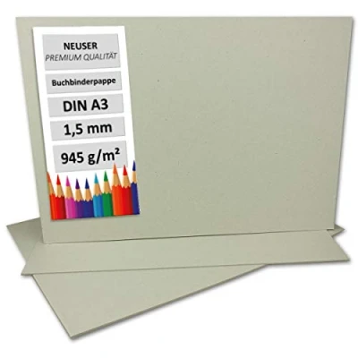 Abbildung von 10 Stück Buchbinderpappe DIN A3 Stärke 1,5 mm (0,15 cm) Grammatur: 945 g/m² Format: 29,7 x 42 cm Farbe: Grau Braun