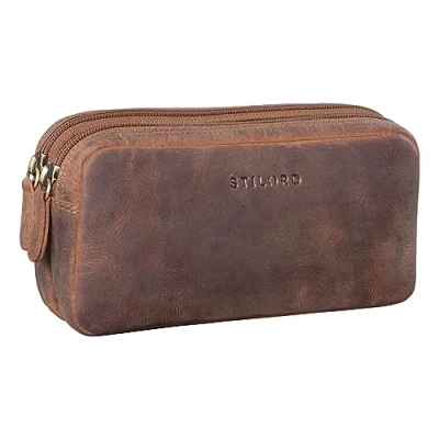 Abbildung von STILORD &#039;Eddie&#039; Leder Federmäppchen Stifteetui Groß Stiftemappe mit 2 Reißverschluss Fächern Schlamper Mäppchen Vintage Federmappe Etui Kosmetiktasche Echtleder