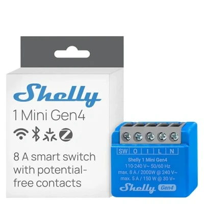 Abbildung von Shelly 1 Mini Gen4, WLAN Smart Relaisschalter, Kanal, 8A, Potentialfreier Kontakt, Hausautomation, Fernsteuerung, Kein Hub Erforderlich, Alexa, Google Home, Apple HomeKit, Zigbee &amp; Matter