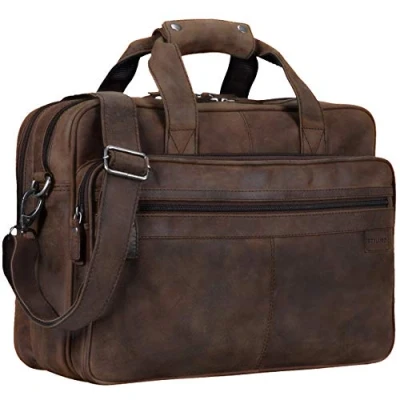 Abbildung von STILORD &#039;Atlantis&#039; Leder Aktentasche groß Vintage Lehrertasche Arbeitstasche große Ledertasche Businesstasche zum Umhängen Trolley aufsteckbar, Farbe:missouri braun