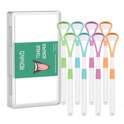 Abbildung von Tongue Scraper (8pcs), RONAVO Zungenreiniger (8 Stück), Bürsten und Schaben für die Mundpflege, BPA freier Zungenschaber mit Reise Tragetasche Familie, Erwachsene, Kinder, reduziert Mundgeruch