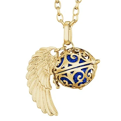Abbildung von Morella Damen Halskette Gold Edelstahl 70 cm mit goldenem Anhänger Engelsflügel und Klangkugel Zirkonia blau Ø 16 mm in Schmuckbeutel