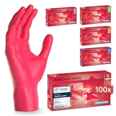 Abbildung von ARNOMED Einweghandschuhe Rot 100 Stück/Box, Einmalhandschuhe S, Nitrilhandschuhe, Handschuhe Einweg puderfrei, latexfreie Gummihandschuhe, in XS, M, L &amp; XL verfügbar