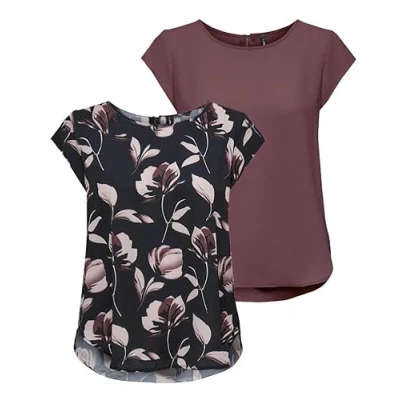 Abbildung von ONLY Damen ONLVIC S/S Solid 2 Pack Top, Kurzarm, Rose Brown/Night Sky/Flower, 40