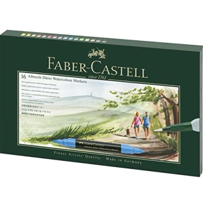 Abbildung von FABER CASTELL 160318 Aquarellmarker Albrecht Dürer mit Doppelspitze für flächigen und präzisen Farbauftrag, inklusive Wassertankpinsel, 16er Etui, bunt