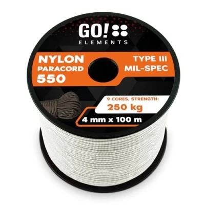 Abbildung von GO!elements 100m Paracord Seil aus reißfester Nylonschnur 4mm 550 Typ III Schnur geeignet als Allzweckseil &amp; Reepschnur Max. 250kg, Farbe:Weiß