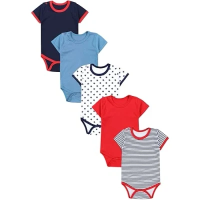 Abbildung von TupTam Jungen Baby Body Kurzarm in Unifarben 5er Pack, Farbe: Streifen Sterne Dunkelblau Rot Jeansblau, Größe: 86