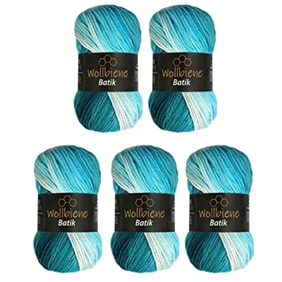 Abbildung von 5 x 100g Wollbiene Batik 500 Gramm Wolle mit Farbverlauf mehrfarbig Multicolor Strickwolle Häkelwolle (5200 petrol türkis weiß)