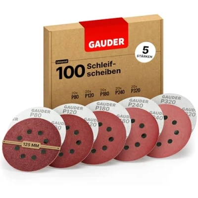 Abbildung von GAUDER Starter Schleifscheiben Set für Exzenterschleifer Ø 125mm 100 Stück Schleifpapier Klett 8 Loch Schleifblätter rund je 20 x 80/120/180/240/320 Körnung