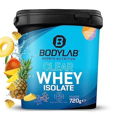 Abbildung von Bodylab24 Clear Whey Isolate 720g Ananas Mango, Eiweiß Shake aus bis zu 96% hochwertigem Molkenprotein Isolat, erfrischend fruchtiger Drink, Protein Pulver kann den Muskelaufbau unterstützen