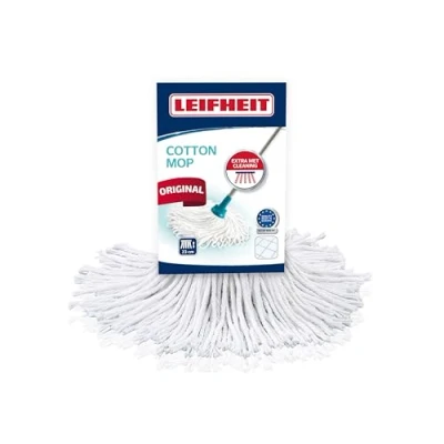 Abbildung von Leifheit Ersatzkopf Classic Mop Cotton, für hartnäckige Flecken auf Fliesen und Steinböden, extra hohe Wasseraufnahme Abgabe, saugfähige Baumwolle, waschbar bei 60C, flexible Mopkopf Streifen