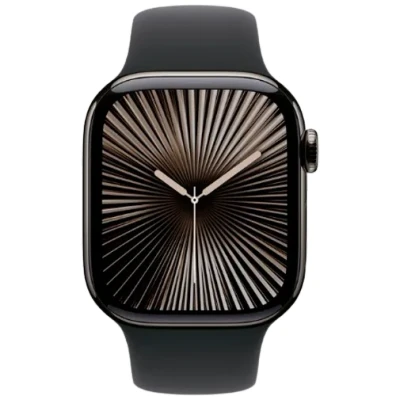 Abbildung von Apple Watch Series 10 (GPS + Cellular 42 mm) Smartwatch mit Titangehäuse in Schiefer und Sportarmband Schwarz (M/L). Fitnesstracker, EKG App, Always On Retina Display, Wasserschutz