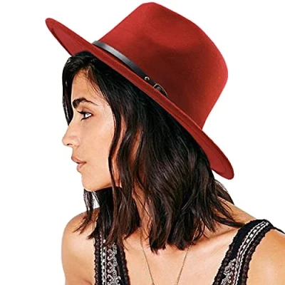Abbildung von DRESHOW Damen Fedora Hut Filzhut Lederband Hüte Winter Mode Mit Breiter Krempe Outdoorhut