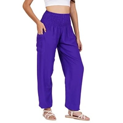 Abbildung von Lofbaz Damen Haremshose Yogahose Pumphose Hippie Hose Boho Kleidung Festival Outfit Sommerhose Leicht Sommer Hosen Solid 1 Violett 4XL Große Größen