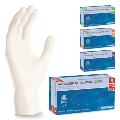 Abbildung von 200x ARNOMED Einweghandschuhe Weiß, Einmalhandschuhe S, Handschuhe Einweg 200 Stück/Box, Gummihandschuhe puderfrei, latexfreie Nitrilhandschuhe in M, L &amp; XL, Putzhandschuhe, Koch /Küchen