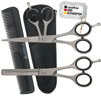 Abbildung von DREI SCHWERTER Rostfreie professionelle Haarschere und Effilierschere im SET NEU mit Kamm