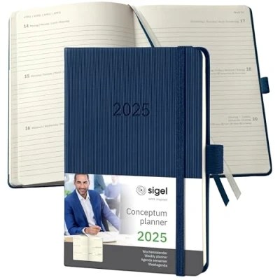 Abbildung von SIGEL C2563 Terminplaner Wochenkalender 2025, ca. A6, dunkelblau, Hardcover, 176 Seiten, Gummiband, Stiftschlaufe, Archivtasche, aus nachhaltigem Papier, Conceptum
