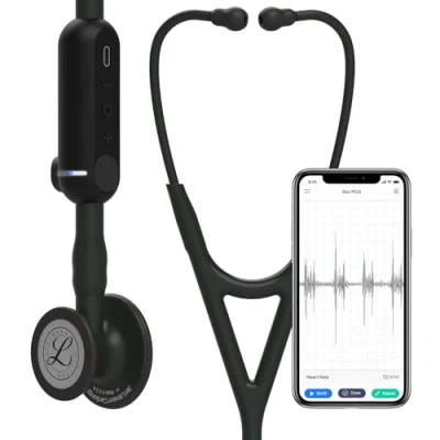 Abbildung von 3M Littmann CORE Digital Stethoskop (EU), 8490, Bruststück, Schlauch, Schlauchanschluss und Ohrbügel in Schwarz, 69 cm, 1 Stück