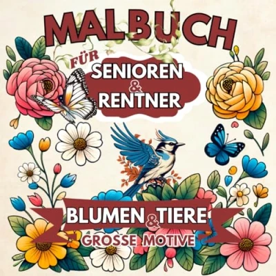 Abbildung von Malbuch mit großen Motiven für Senioren und Rentner: Blumen Tiere einfach ausmalen Einfaches Erwachsene zum Entspannen Stressabbau