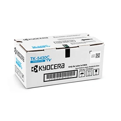 Abbildung von Kyocera TK 5430C Toner Cyan. Original Tonerkartusche für bis zu 1250 Seiten. Drucker kompatibel PA2100cx, PA2100cwx, MA2100cfx und MA2100cwfx