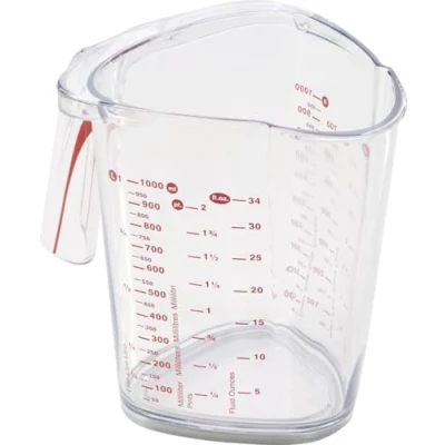 Abbildung von Leifheit Messbecher 1L, mit mehrsprachigen Messskalen für Mehl, Zucker und Flüssigkeiten, gummierter Boden, spülmaschinengeeignet, ideal zum Backen Kochen, measuring cup, Messkanne