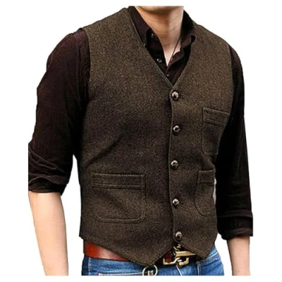 Abbildung von Solovedress Mens Vintage Classic Wolle Anzugweste Formale Regular Fit Weste Anzug für Hochzeit Groomsmen(Coffee,M)
