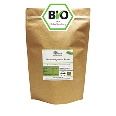 Abbildung von Ashwagandha Pulver 500g Bio Premium Qualität fein gemahlene Ashwagandhawurzel aus Indien 100% naturrein, ohne Zusatzstoffe ideal zur Zugabe in Smoothies, Säfte, Goldene Milch etc. (500g)