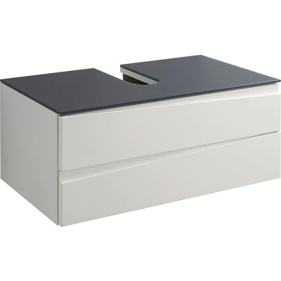 Abbildung von byLIVING Waschtisch Shape/Bad Waschunterschrank für Aufsatzwaschbecken/mit Glasplatte grau/Front Hochglanz weiß / 2 Schubladen mit Griffleiste/Korpus Melamin 80 x 33 46 cm (BxHxT)