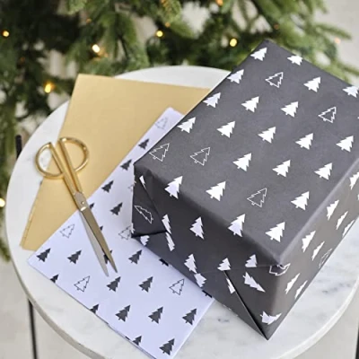 Abbildung von Ginger Ray BWC 105 Geschenkpapier für Weihnachten, Motiv Baum, Schwarz/Weiß, 3 Stück