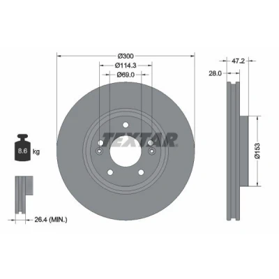 Abbildung von TEXTAR 92166505 Bremsscheibe 300 28 05/07 114,3 innenbelüftet beschichtet hochgekohlt ohne Radbefestigungsbolzen, Radnabe HYUNDAI: ix35