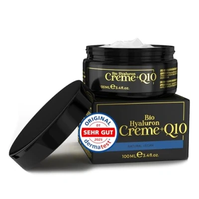 Abbildung von BIO Hyaluron Creme Gesicht + Q10 100ml mit natürlichem UV Schutz Gesichtscreme hochdosiert Anti Aging Frauen u. Männer +Sheabutter +Mandelöl Antifaltencreme Soforteffekt Made in Germany