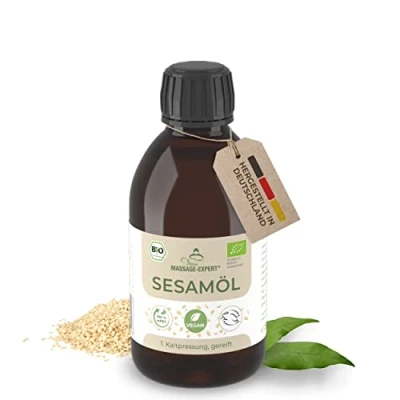 Abbildung von MASSAGE EXPERT Sesamöl Bio kaltgepresst Gereiftes Basisöl für Massage, Ayurveda, Hautpflege und Haarpflege [250 ml Flasche mit Spritzeinsatz]