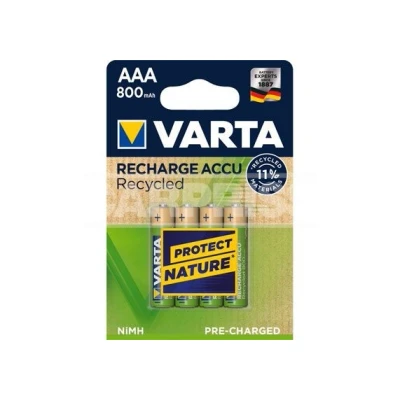 Abbildung von VARTA wiederaufladbare Batterien »wiederauflaudbare Akkus«, 1,2 V, (Packung, 4 St.), Recharge Accu Recycled, Ready To Use vorgeladener AAA Micro Ni MH Akku (4er Pack, 800mAh) aus 11% recyceltem Material wiederaufladbar ohne Memory Effekt