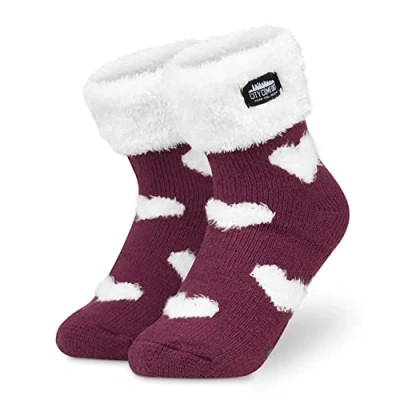 Abbildung von CityComfort Kuschelsocken Damen, Dicke Socken Rutschfeste Haussocken Damen (Burgunderrot/Weiß)
