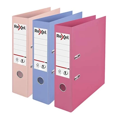 Abbildung von Rexel A4 Aktenordner, Kunststoff, Pastellfarben, 3er Pack (Rosa, Blau, Pfirsich), patentierter Nr. 1 Power Mechanismus, FSC zertifiziert, austauschbare Rückenschilder, Ringbuch, Archivierung und