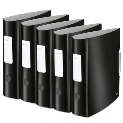 Abbildung von Leitz Qualitäts Ordner 180 Active Style, 5er Pack, A4, Satin Schwarz, Abgerundeter Rücken mit 8,2 cm Rückenbreite, Gummibandverschluss, Leichtes Polyfoam, 11080094