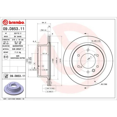 Abbildung von BREMBO 09.D853.11 Bremsscheibe 315 18 6 innenbelüftet beschichtet