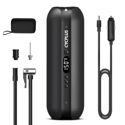 Abbildung von CYCPLUS Luftpumpe,12V DC/AC 2 in 1,Max I50PSI Automatische Abschaltung Elektrischer Kompressor Tragbar Fahrradpumpe Mini Reifenpumpe für alle Fahrräder Motorräder und Autos