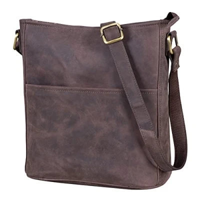 Abbildung von LEABAGS Leder Handtasche Damen I Premium Echtleder Umhängetasche Schultertasche Damentasche Tragetasche für Arbeit Uni Schule Freizeit Größe M (24 x 23 6 cm) Nature Dunkelbraun