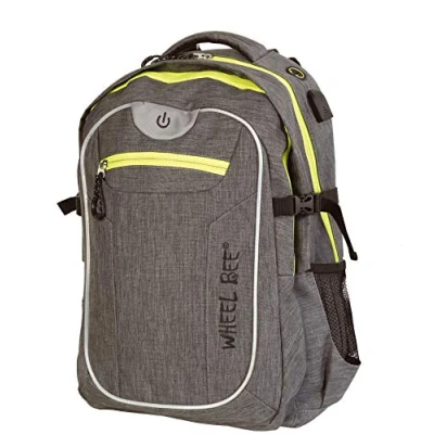 Abbildung von Wheel Bee Rucksack Revolution, Design: Grey, mit integriertem LED Licht (grün) und Reflektorstreifen für Sicherheit Sichtbarkeit, 30 Liter Volumen, viele Fächer, 950022, 46x32x20 cm