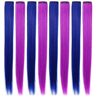 Abbildung von Rhyme 8 PCS Clip in Farbigen Haarverlängerungen für Mädchen Frauen Regenbogen Haarteile Perücke Mehrfarbige Party Hightlight Clips (Blau,Violett)