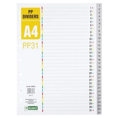 Abbildung von D.RECT Register für A4, PP31, 31 Trennblätter, Ringbuchregister, Taben mit Zahlenaufdruck 1 31, Grau, Farb Trenner aus PP, Polypropylen
