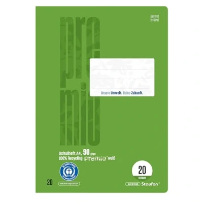 Abbildung von Staufen premio Schulheft 4 Hefte je 16 Blatt, DIN A4, Lineatur 20 (blanko), 90 g/m² Recyclingpapier, runde Ecken verhindern „Eselsohren“