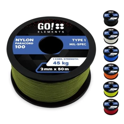 Abbildung von GO!elements 50m Paracord 2mm Seil aus reißfester Nylonschnur 100 Typ I Survival Schnur Reißfest bis 45kg geeignet als Allzweckseil, Reepschnur, Kordel, Maurerschnur, Farbe: Olive