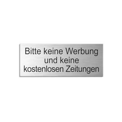 Abbildung von Schild Bitte Keine Werbung und kostenlosen Zeitungen 66x25 mm Briefkastenschild Aluminium glashart eloxiert Edelstahloptik