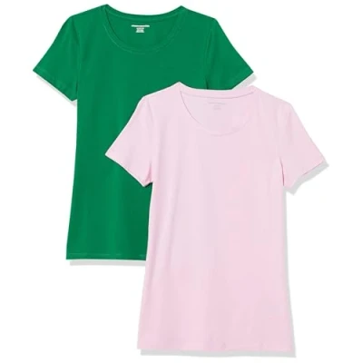 Abbildung von Amazon Essentials Damen Kurzärmeliges T Shirt mit Rundhalsausschnitt, Klassischer Schnitt, 2er Pack, Grün/Hellrosa, L